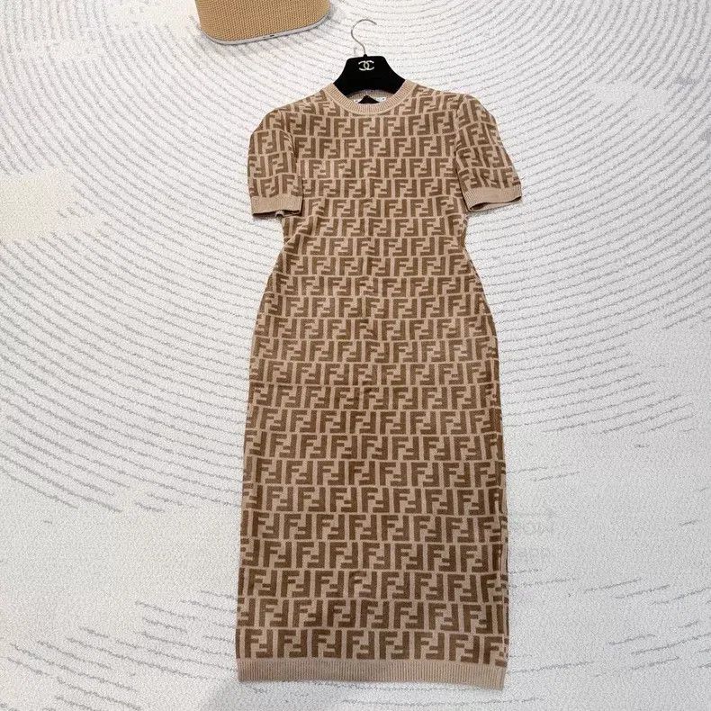 Fendi Fendi Brown All-Printed Waist-Tie Knit Short Sleeve Dress Size XS / US 0-2 / IT 36-38 - 3 Thumbnail