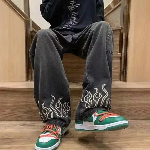 Japanese Brand Flame Embroidery Jeans Wide Leg Denim Jeans Baggy Size US 28 / EU 44 - 1 Thumbnail