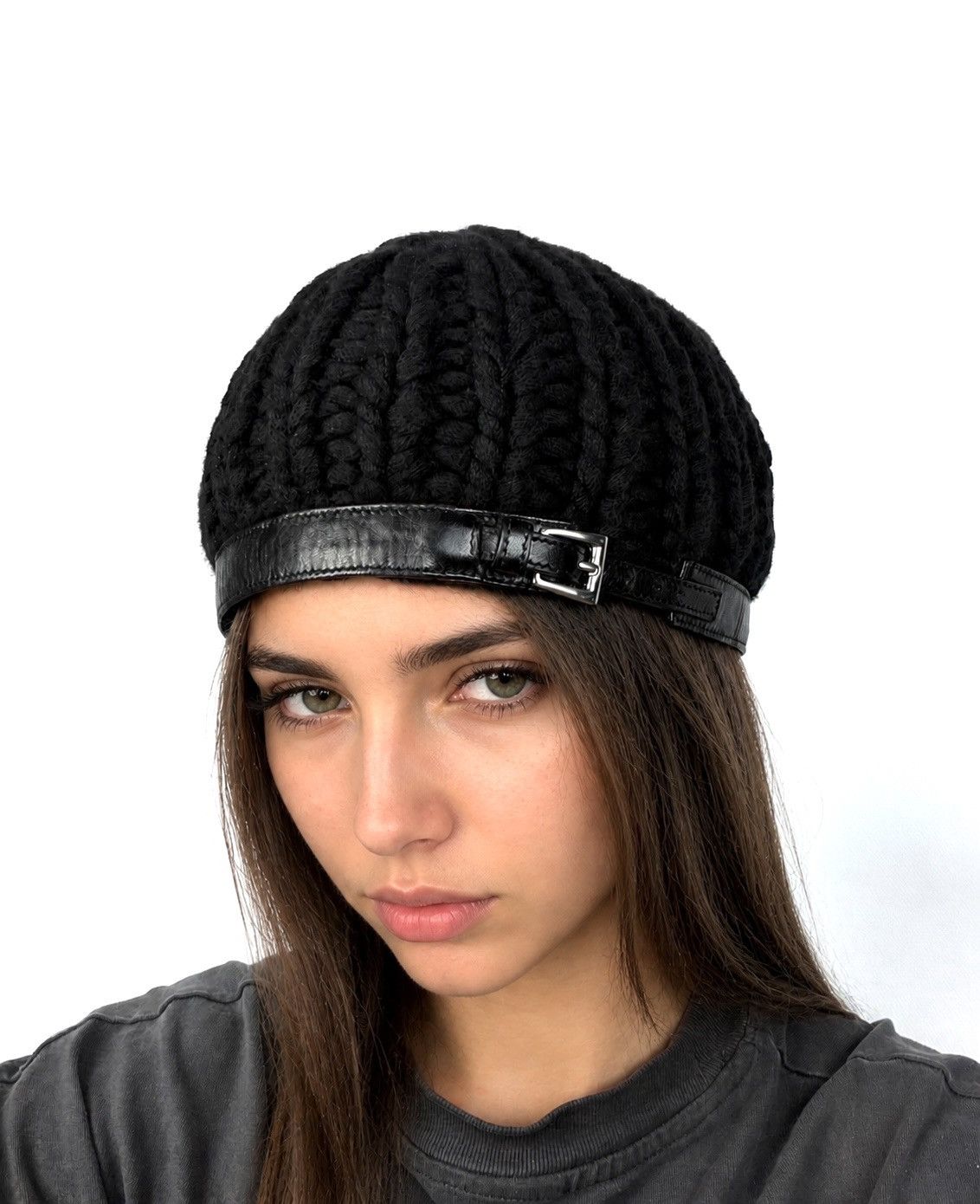 Prada Prada Archive Cashmere Knit Beanie Leather Belt Strap Hat Size ONE SIZE - 3 Thumbnail