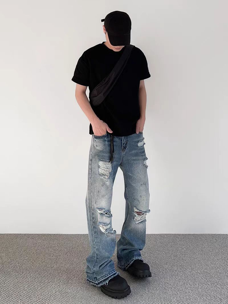 Japanese Brand Street Hip Hop Ripped Straight Leg Micro Flare Jeans Size US 30 / EU 46 - 5 Thumbnail