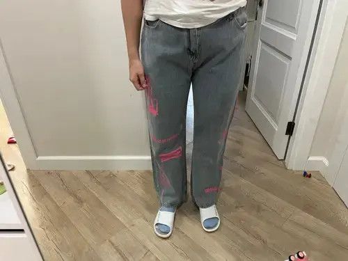 High Sport × Jean Graphic Pink Casual Pants Straight Wide Leg Jeans Size US 34 / EU 50 - 2 Thumbnail