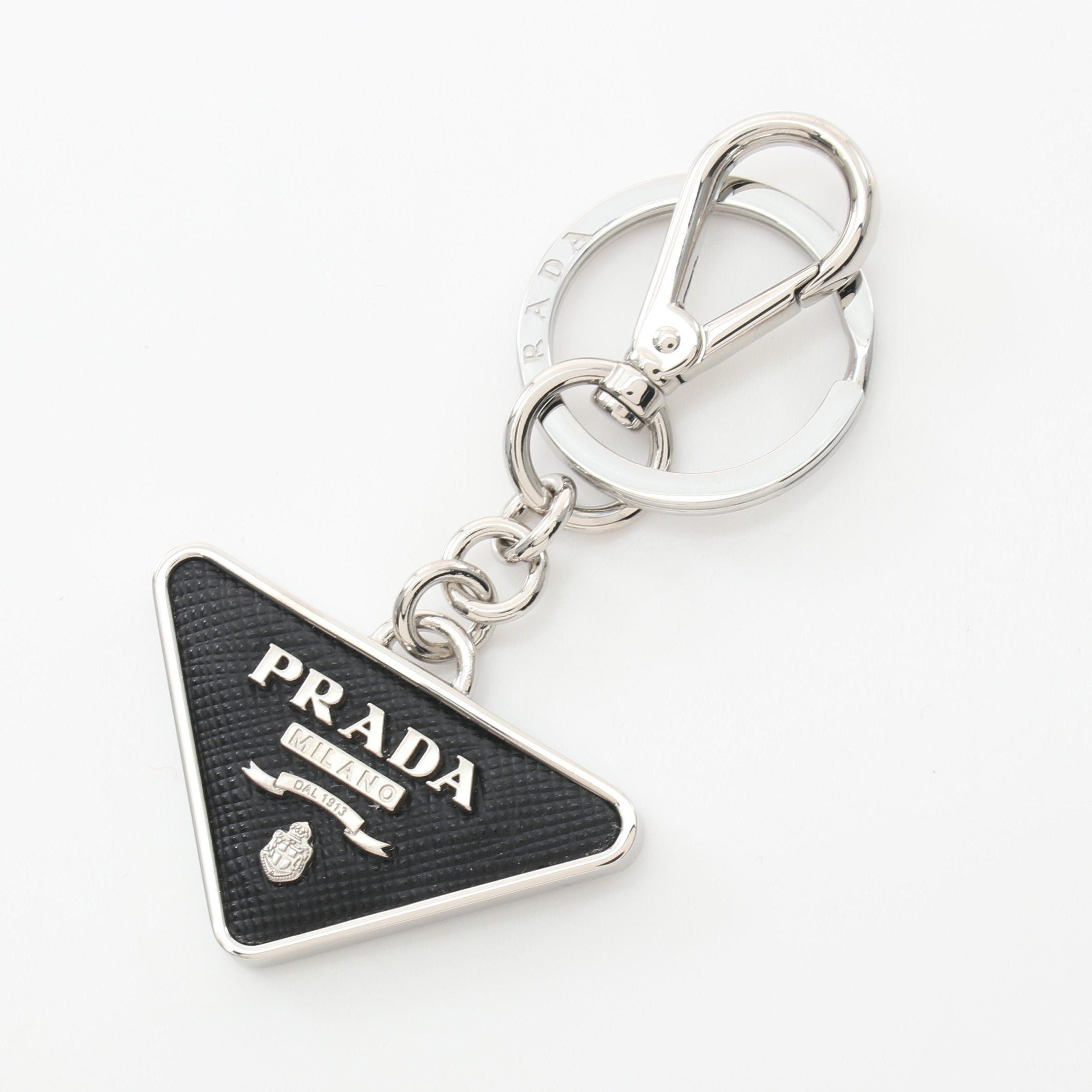 Prada Prada Triangle Logo Key Ring Saffiano Leather Black Silver Size ONE SIZE - 1 Thumbnail