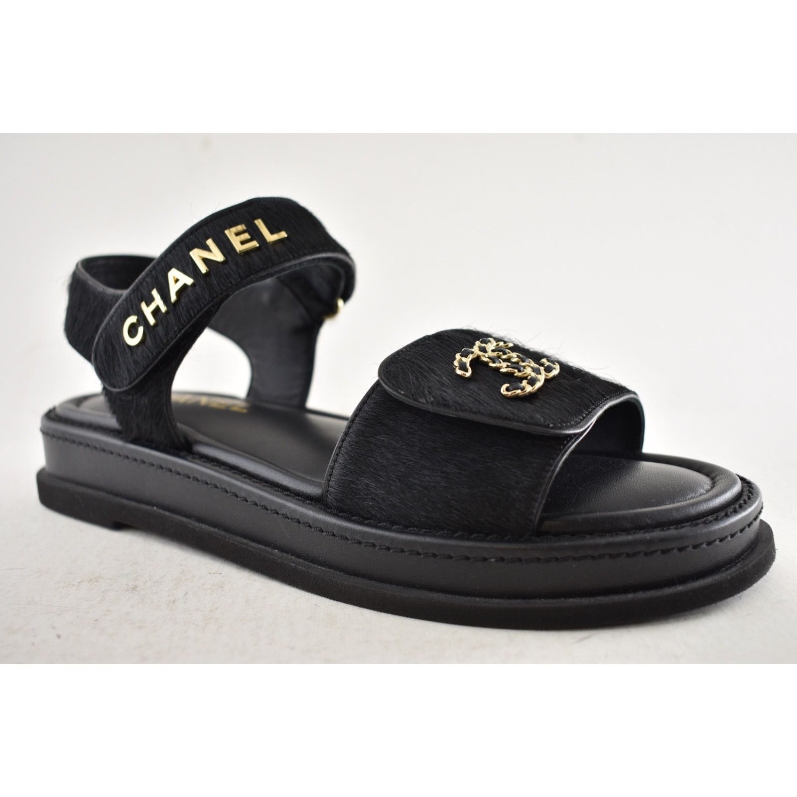 Chanel Chanel 24B Black Calf Hair Gold CC Logo Flat Dad Sandal 36 Size US 5 / IT 35 - 6 Thumbnail