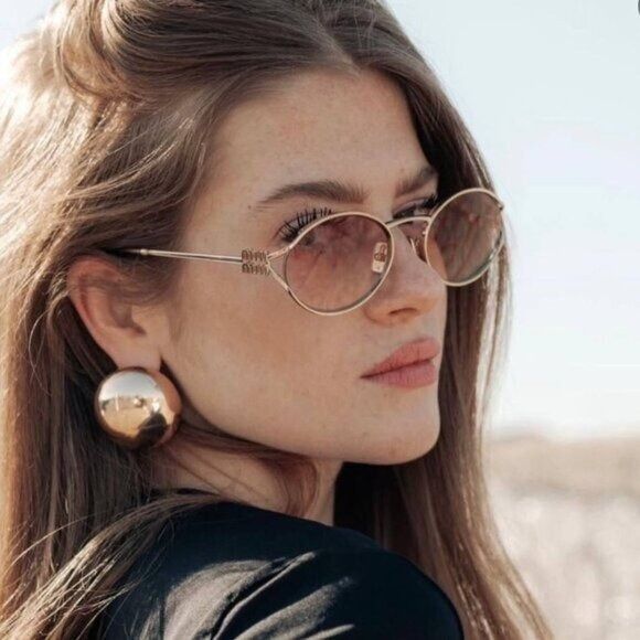 Miu Miu Miu Miu MU52YS 5AK06S Sunglasses Gold Oval Frame Size ONE SIZE - 4 Thumbnail