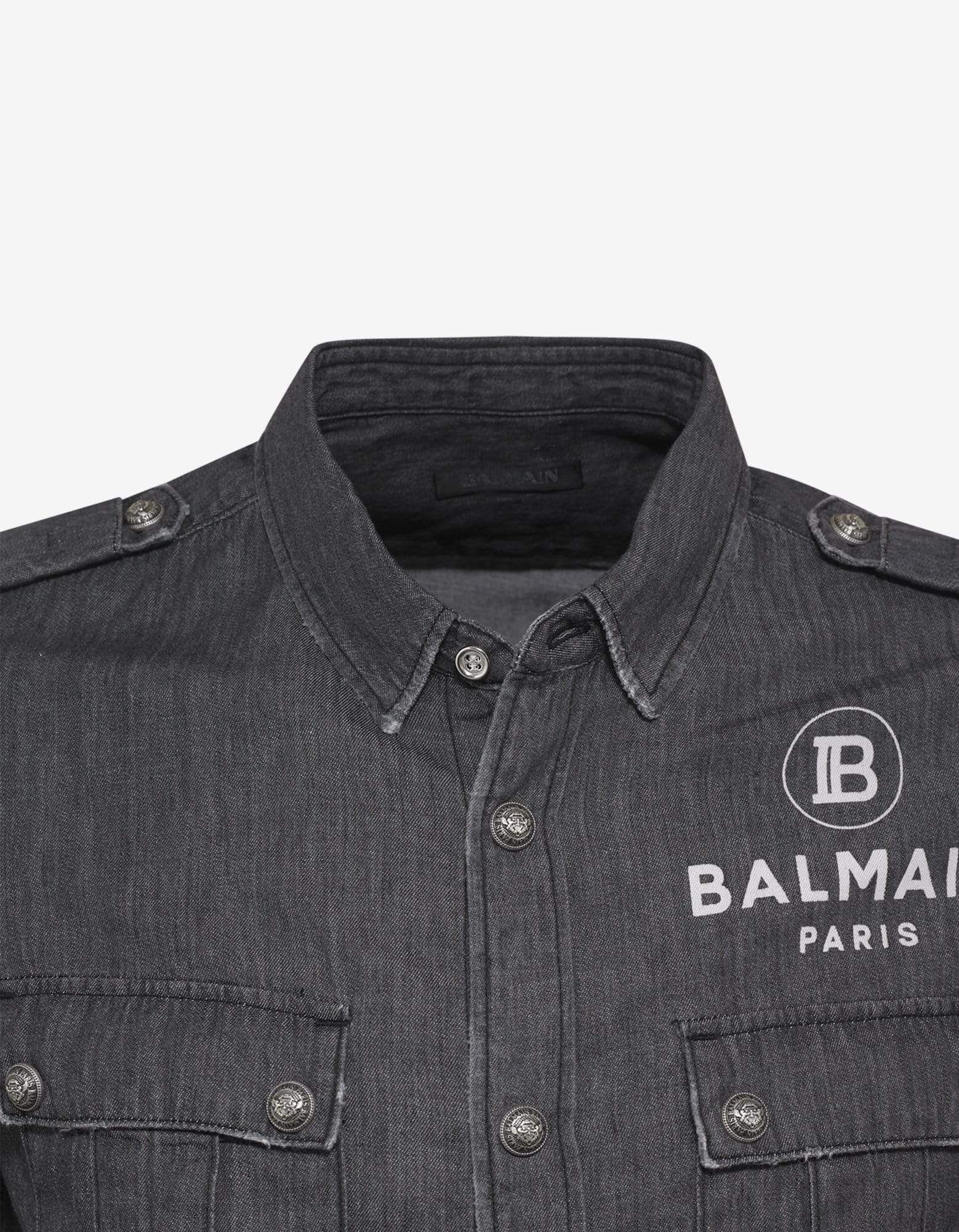 Balmain Balmain Grey Denim Logo Print Military Shirt Size US L / EU 52-54 / 3 - 3 Thumbnail