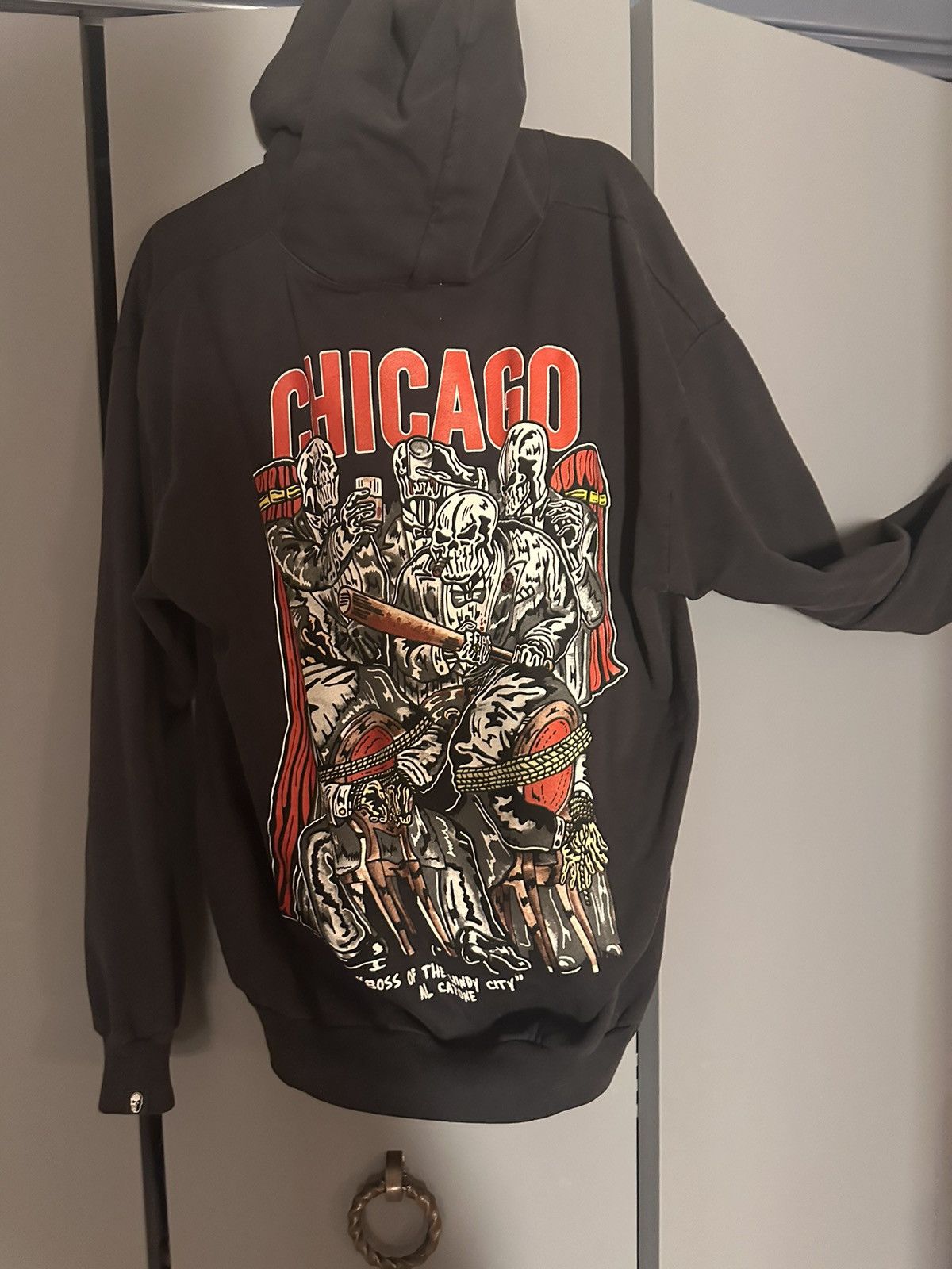 image of Warren Lotas Chicago Al Capone Skull Hoodie in Black Red, Men's (Size XL)