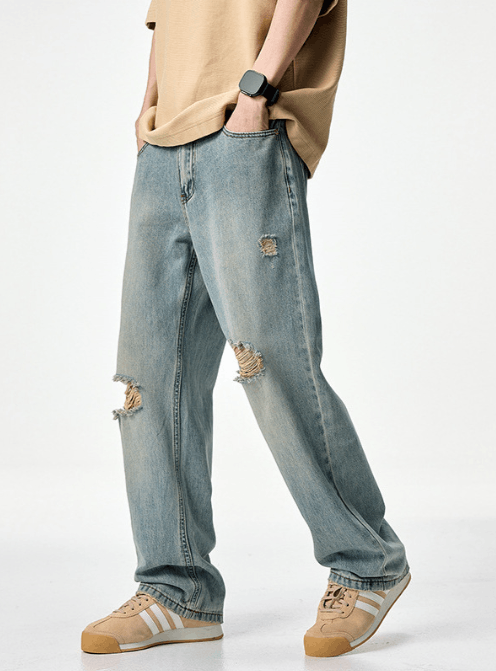 Japanese Brand × Jean Men's straight-leg trendy versatile ripped wide-leg jeans Size US 32 / EU 48 - 3 Thumbnail