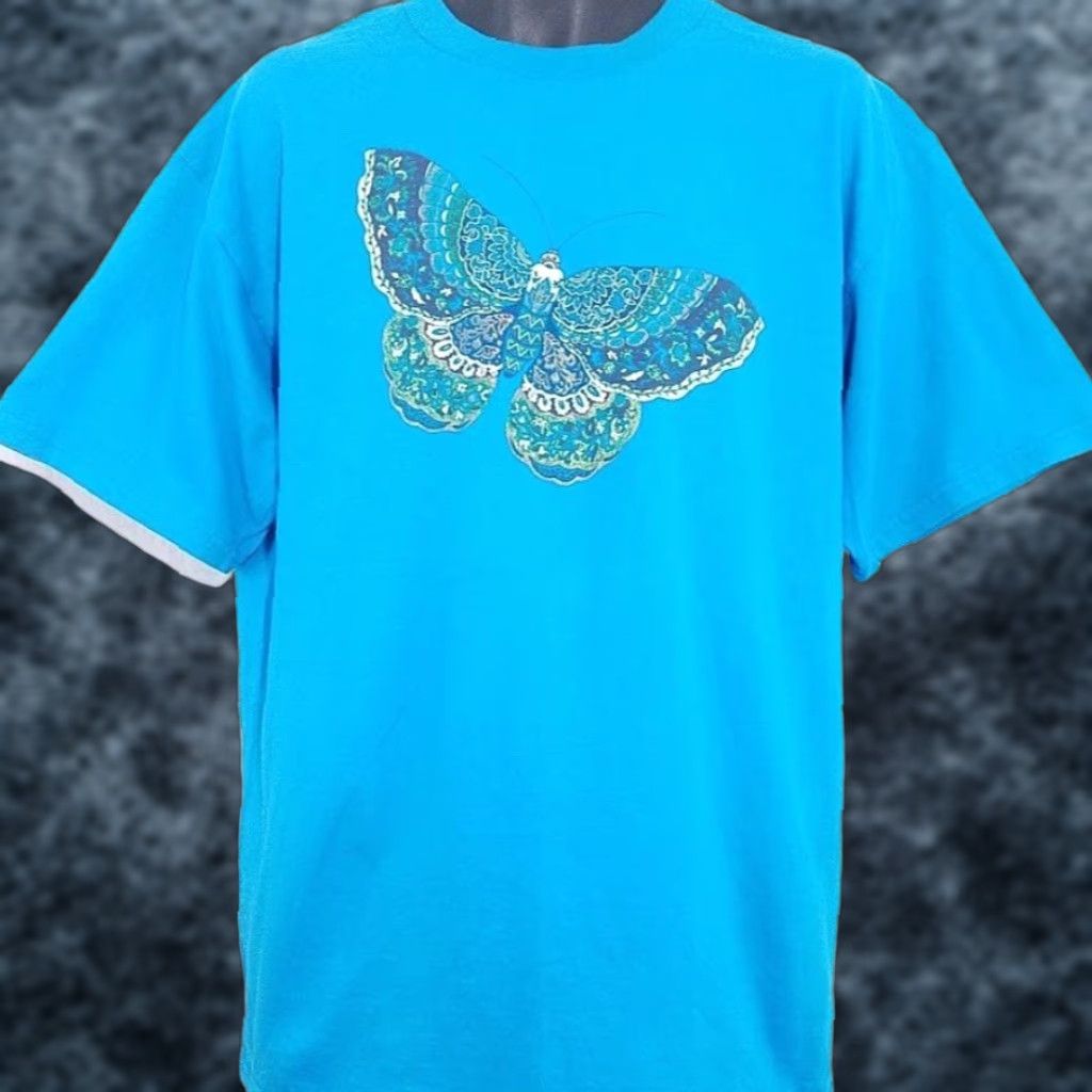 VINTAGE Tultex Butterfly T Shirt Mens XL Blue 90s Lepidoptera Butterfly Moth Art Tee Shirt Mens XL Blue 90s Butterfly Art