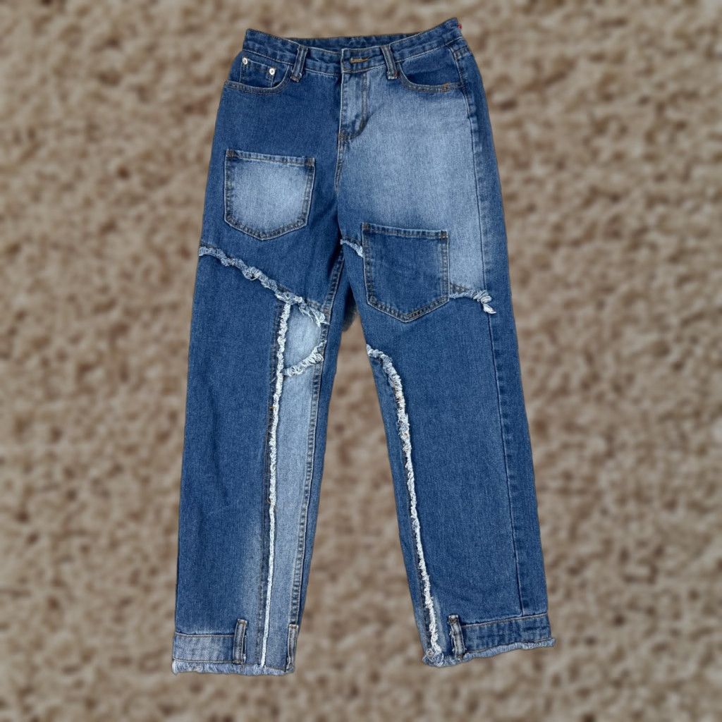 Vintage VINTAGE Jeans Women 26 Blue Denim Straight Leg Crop Patchwork High Rise Cotton 26x26 5-Pocket Design Modern Western Womens Jeans Size 26" / US 2 / IT 38 - 1 Thumbnail