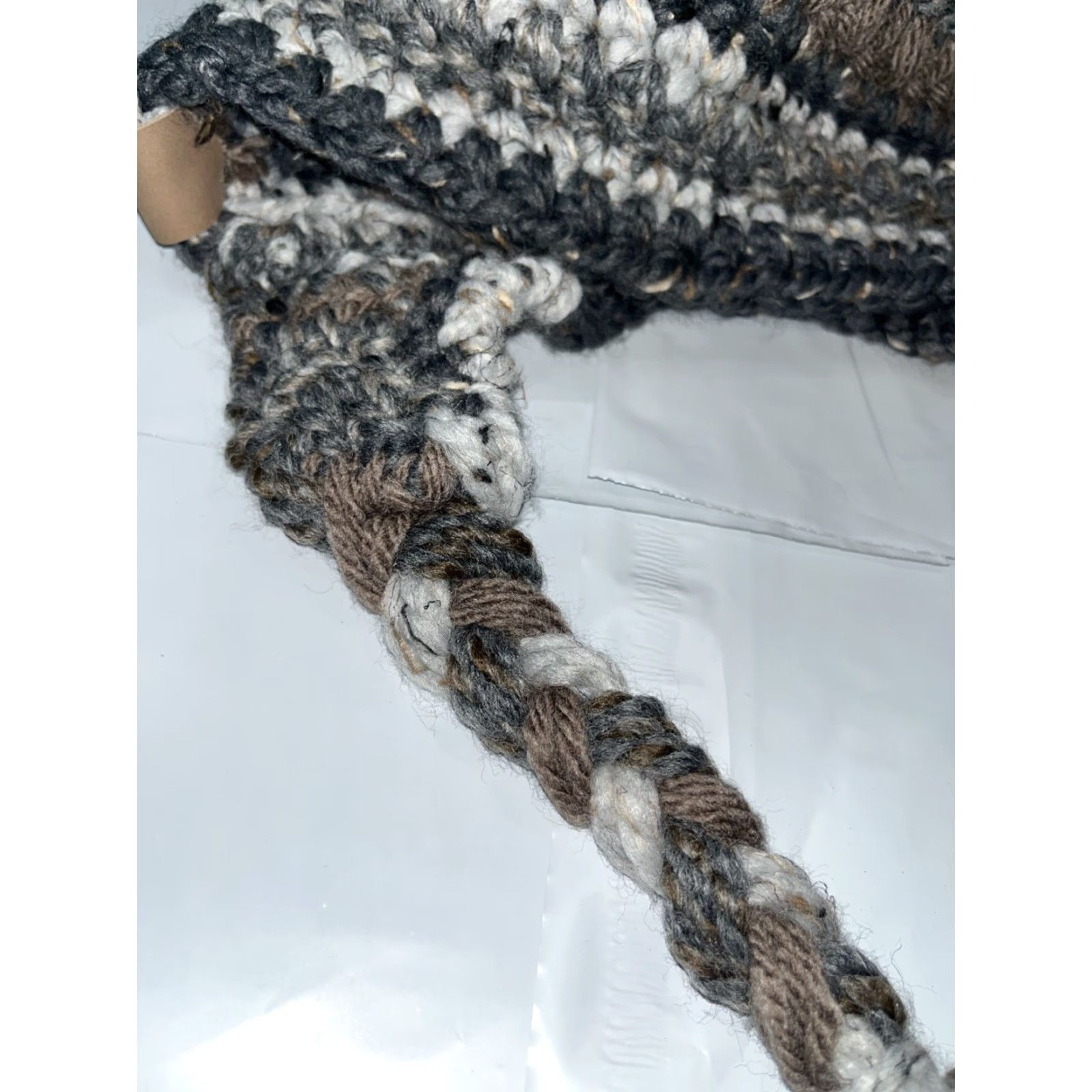Off The Hook Off The Hook By Jen Womens Hat One Size Gray Tan White Chunky Knit Hand Made Winter Braided Hang Ties OS warm Size ONE SIZE - 4 Thumbnail