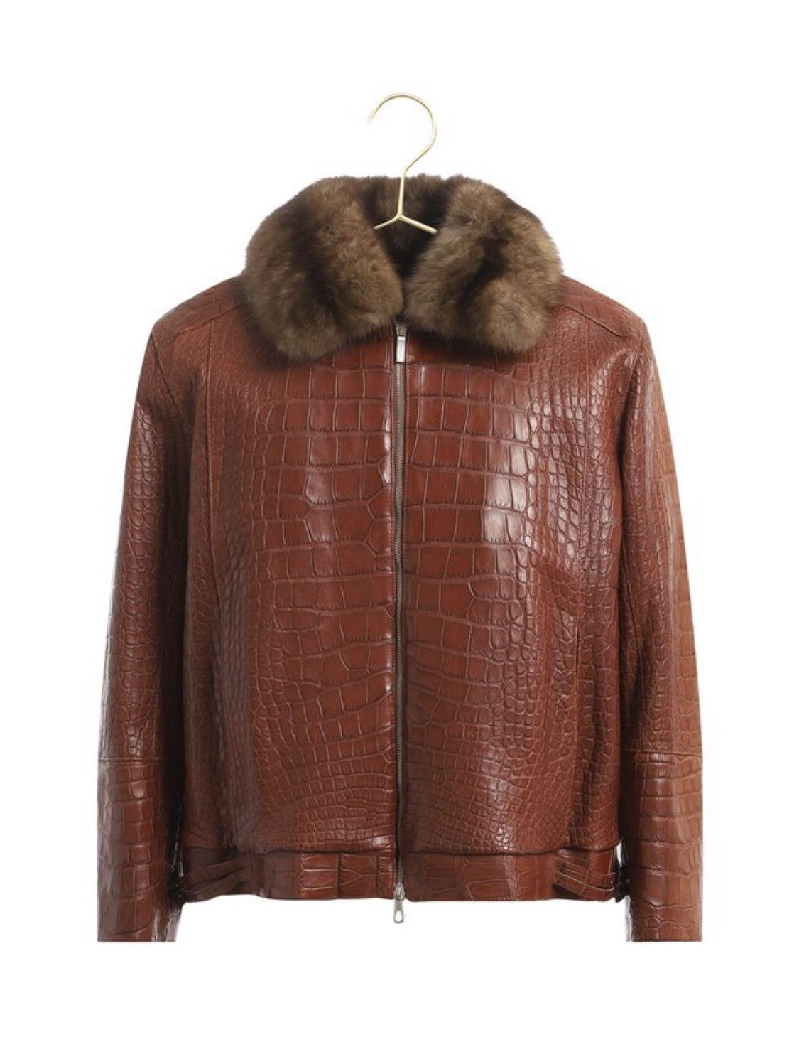 image of Brioni Leather Crocodile Effect Fur Detail Brown Jacket, Men's (Size 2XL)