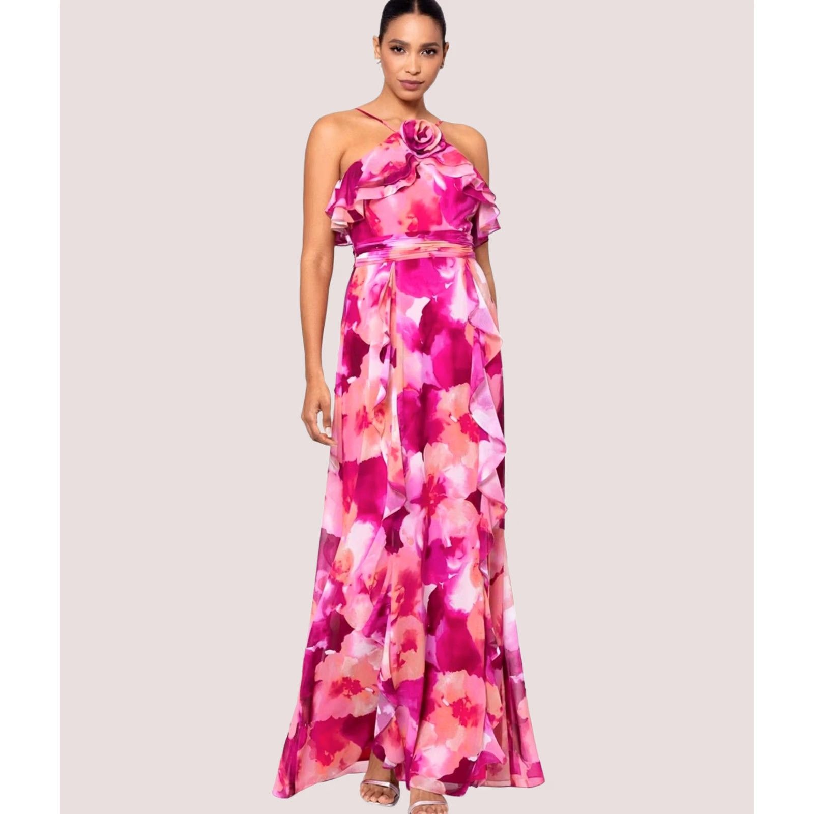 Vintage XSCAPE Womens Floral Ruffle High-Low Dress Size 10 medpink Size L / US 10 / IT 46 - 1 Thumbnail