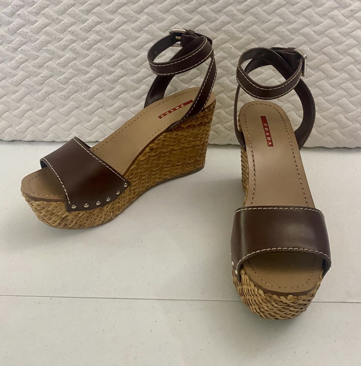 Prada Prada Brown Leather Wicker Wedge Sandals 3XZ175 10 US NEW Size US 10 / IT 40 - 7 Thumbnail