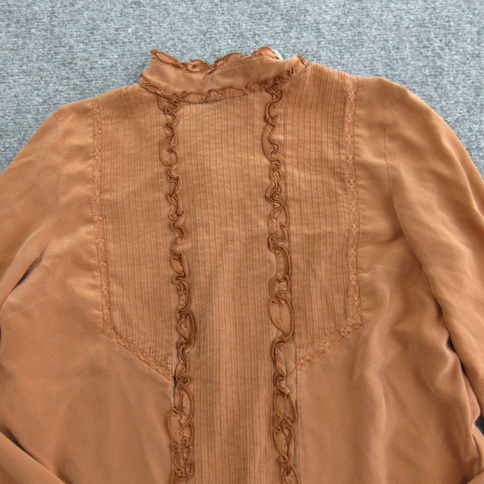 Vintage Sézane Blouse Womens 34 Orange Silk High Neck Ruffle Pleated Long Sleeve Top Size XXS / US 00 / IT 34 - 2 Thumbnail