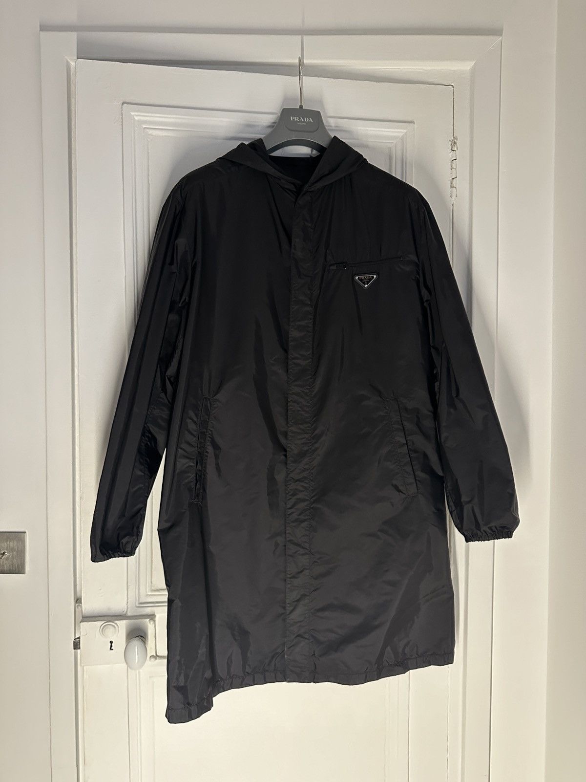 image of Prada Logo-Plaque Nylon Hooded Raincoat In Black, Men's (Size Small)