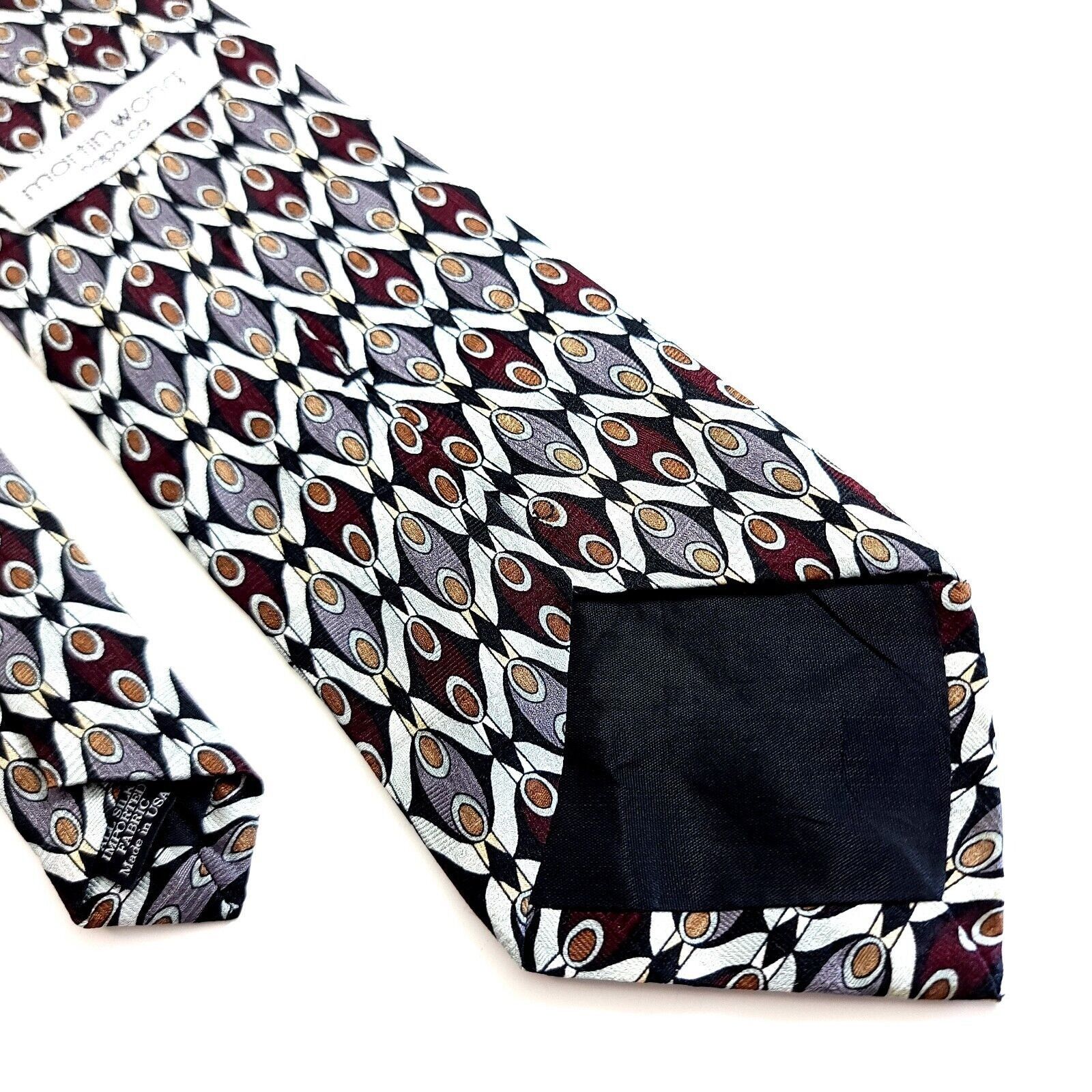 Vintage Martin Wong Red Silver Tan Print Short Wide Silk Tie Size ONE SIZE - 5 Thumbnail
