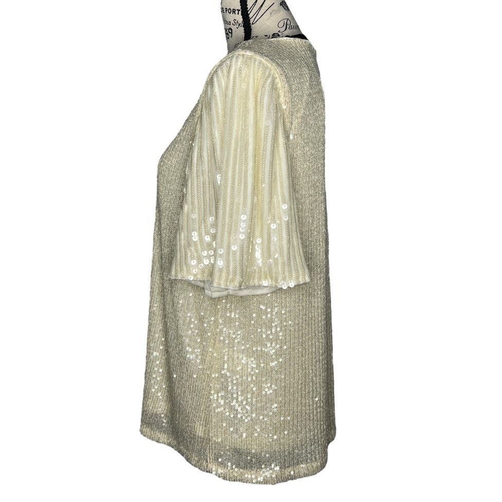 Other Whisper Cream Sequin Sparkly Flutter Sleeve Back Keyhole Top Size L / US 10 / IT 46 - 2 Thumbnail
