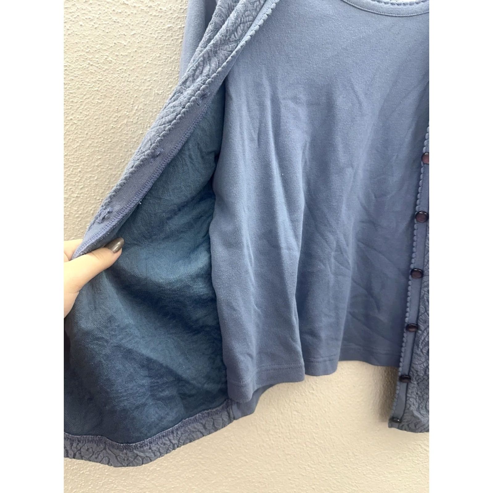 Vintage Hasting & Smith Womens Top Petite Medium Layered Button-Up Long Sleeve Knit Cotton Polyester Beaded Blue 90s Classic Womens Medium Size M / US 6-8 / IT 42-44 - 3 Thumbnail