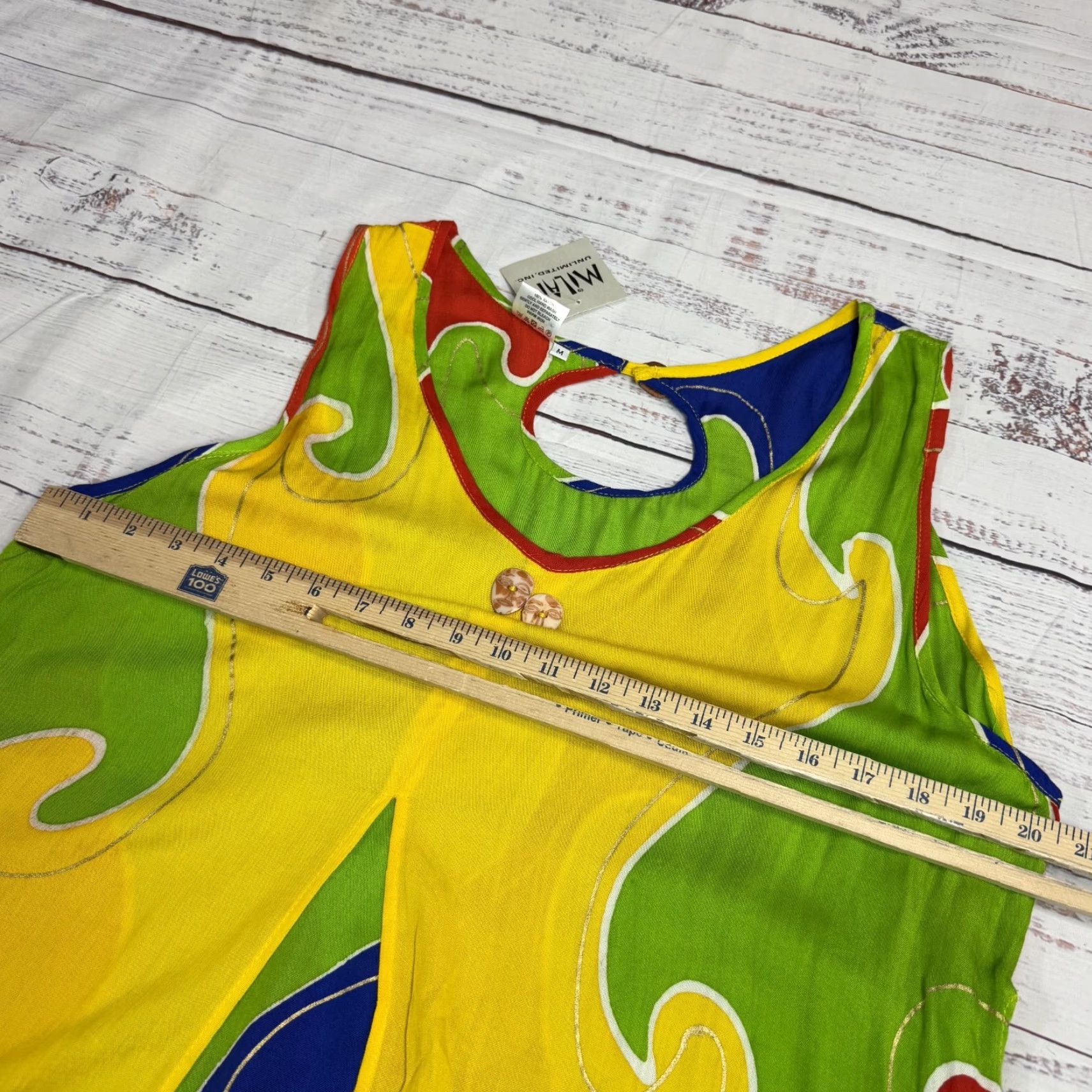 Vintage Milan Dress Sundress Shift Layered Long NWT Yellow Green Tribal Rayon Sz M Womens) Size M / US 6-8 / IT 42-44 - 2 Thumbnail