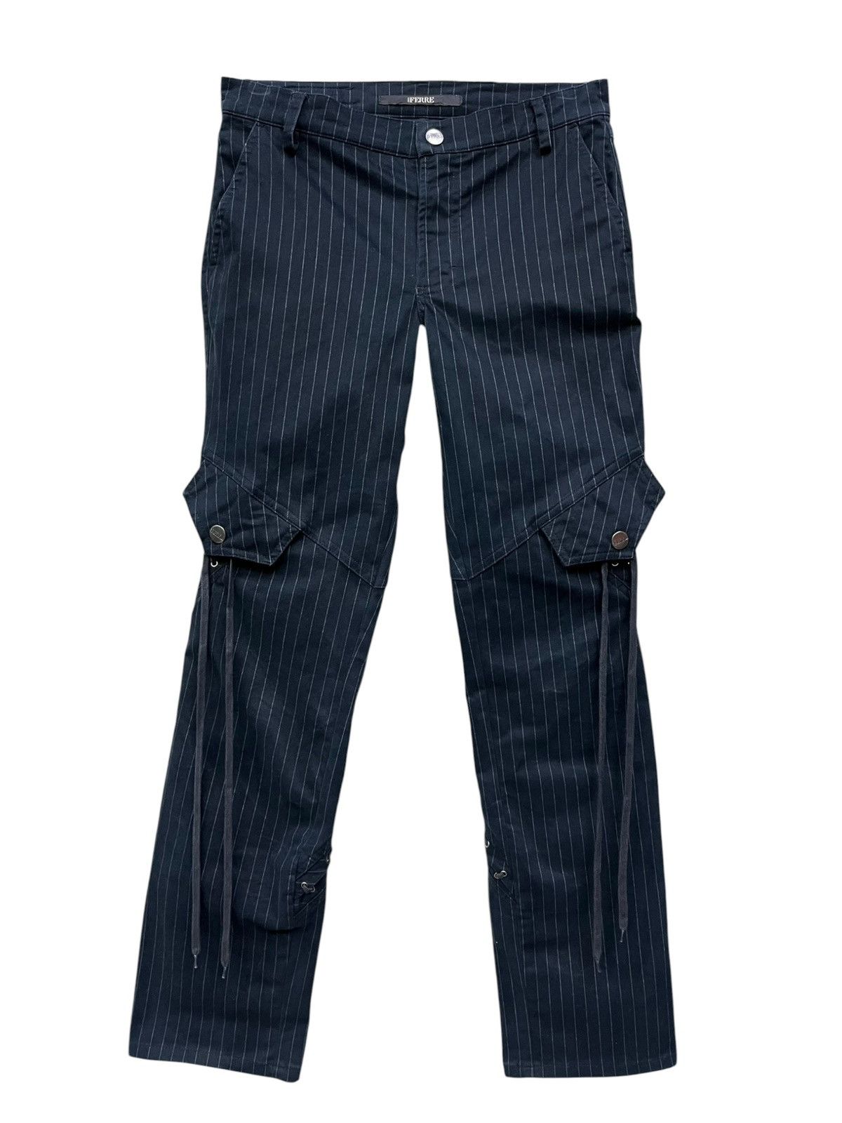 Ferre 🔥Vtg FERRE Avant Garde Pinstripe Slanted Lace Up Cargo Pants Size 26" / US 2 / IT 38 - 3 Thumbnail