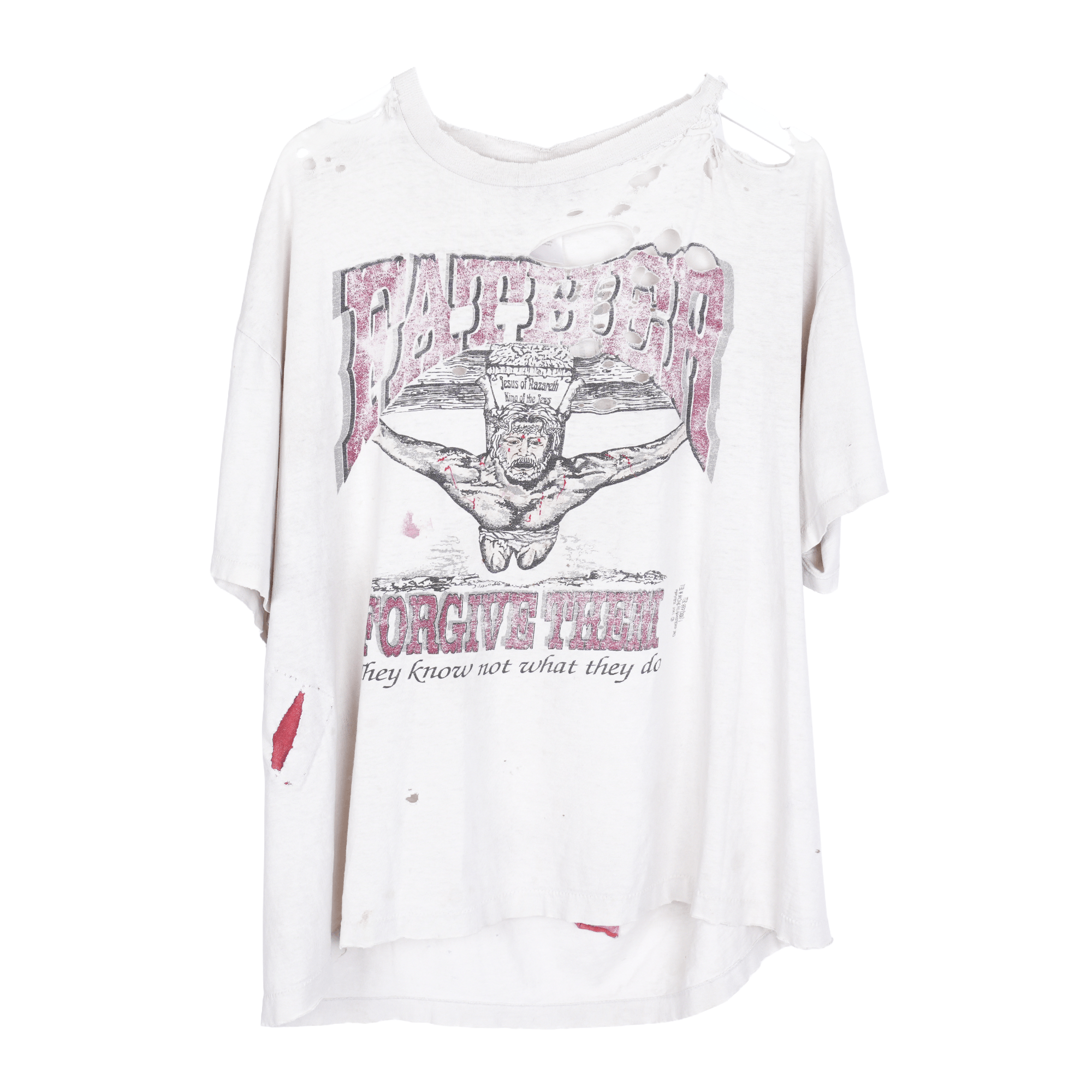 Vintage FATHER FORGIVE THEM WHITE THRASHED VINTAGE T-SHIRT Size US XL / EU 56 / 4 - 1 Thumbnail