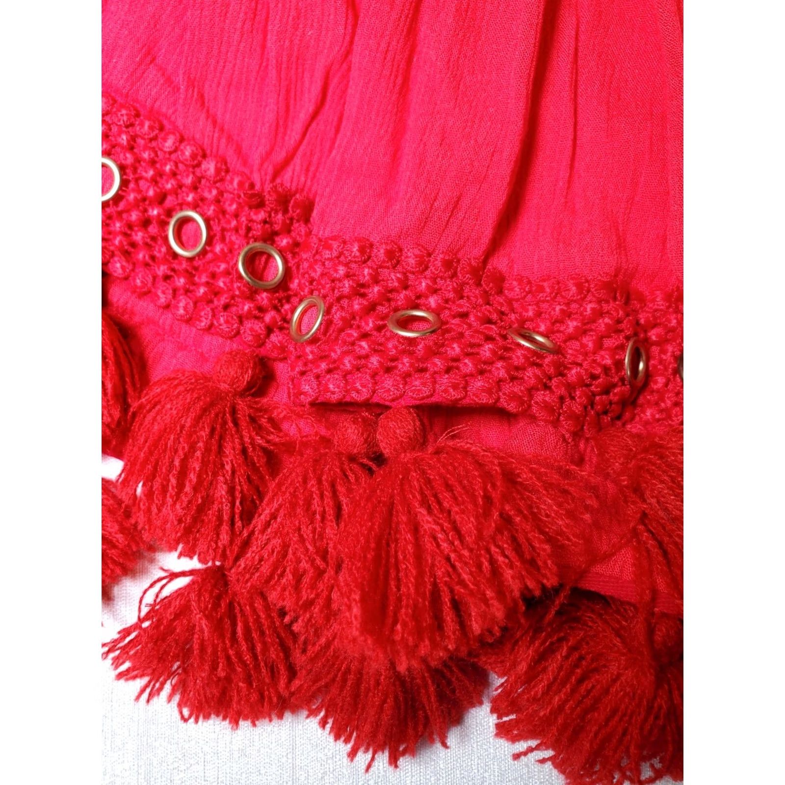 MISA Los Angeles MISA Los Angeles Red Tasseled Fringe Metal Eyelet Tiered Mini Skirt Women's Size M Size 32" / US 10 / IT 46 - 4 Thumbnail