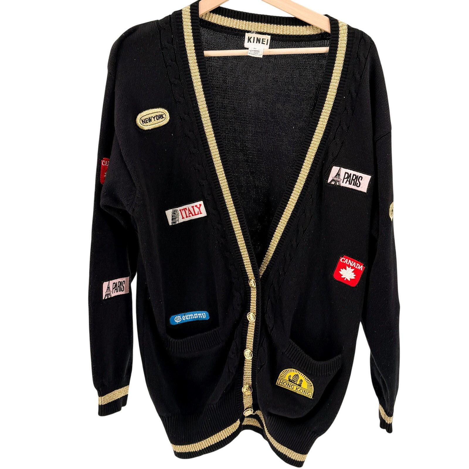 Vintage 80s Kinei Black Knit Travel Patch Varsity Cardigan Sweater Size M / US 6-8 / IT 42-44 - 1 Thumbnail
