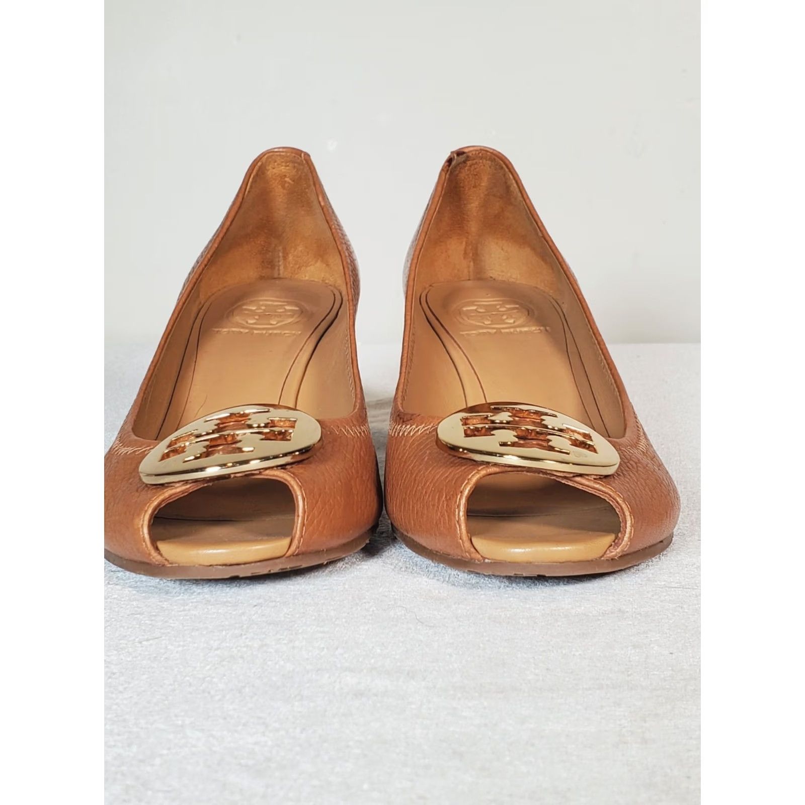 Tory Burch Tory Burch Sally 2 Brown Tumbled Leather Peep-Toe Wedge Heel Gold Logo Women US 7.5 M Size US 8 / IT 38 - 7 Thumbnail