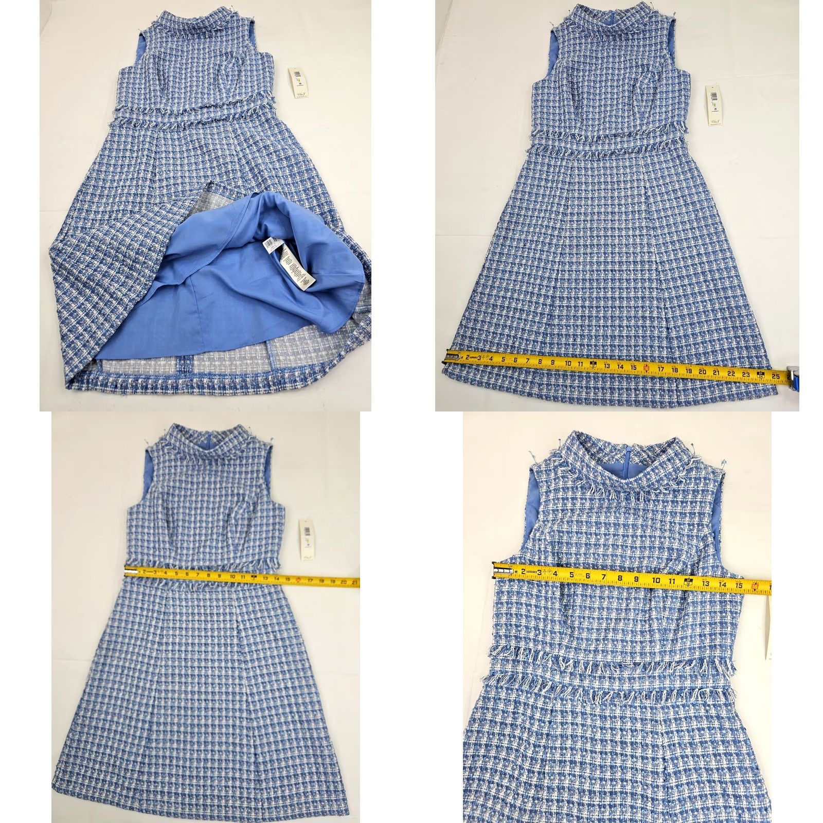 Vintage Eliza J Blue & White Fringe Flare Dress Women 4 NWT Mock Neck Sleeveless Midi Lined Party/Cocktail Floral 34" Length Womens Size S / US 4 / IT 40 - 8 Thumbnail