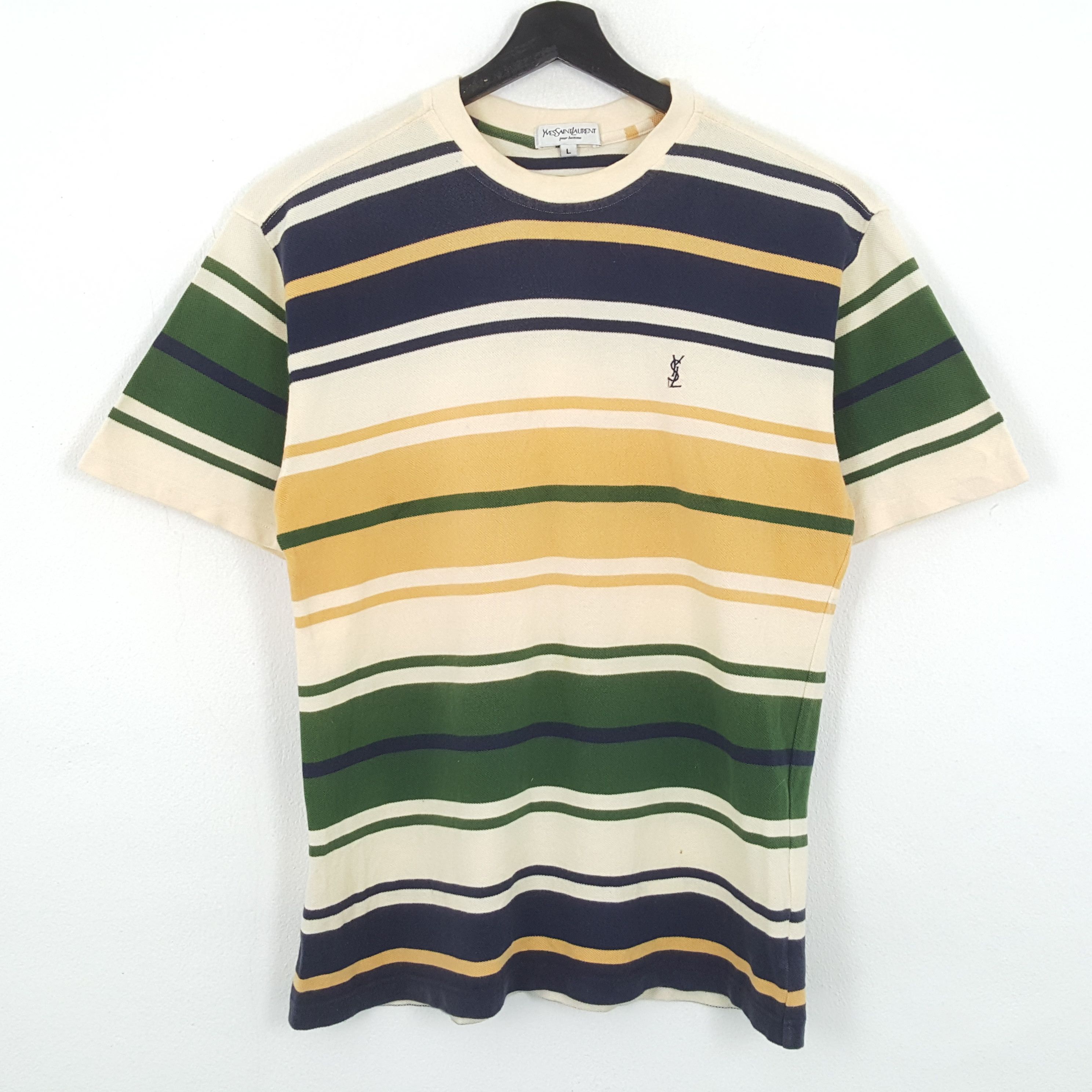 Vintage × Yves Saint Laurent YVES SAINT LAURENT Small Logo Stripes Design Tshirt dp1 Size US L / EU 52-54 / 3 - 1 Thumbnail