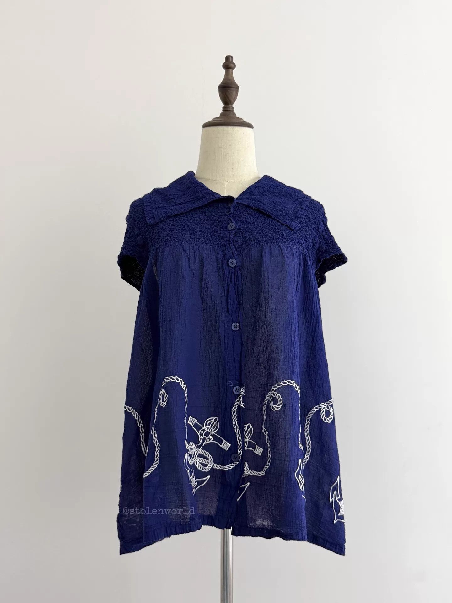Issey Miyake Issey Miyake Deep Blue Pleated Embroidered Loose Skirt Top Size ONE SIZE - 5 Thumbnail
