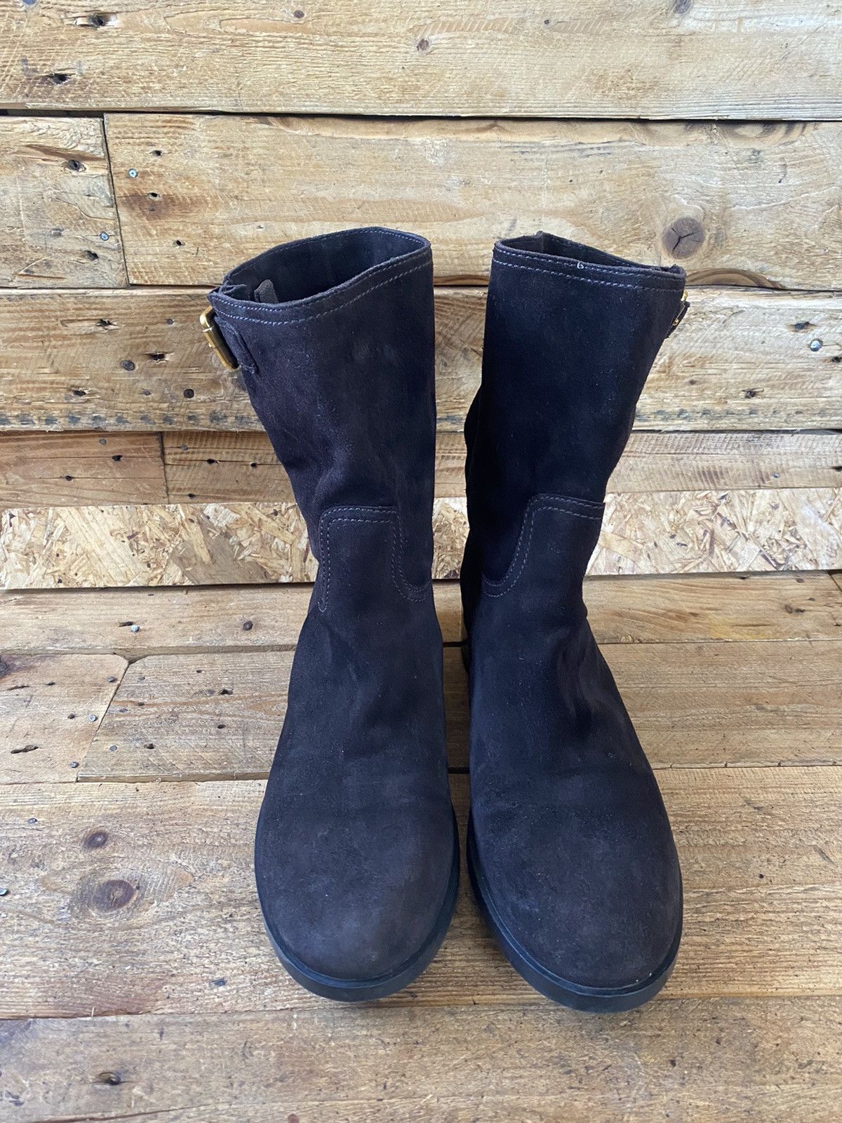 Designer × Prada × Vintage Prada suede choco brown moto biker ankle leather boots sz41 Size US 10.5 / IT 40.5 - 2 Thumbnail
