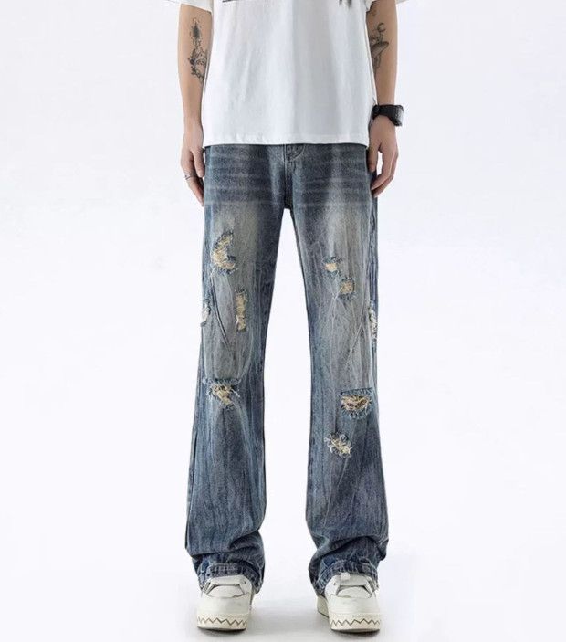 Men's washed distressed straight leg ripped flared jeans