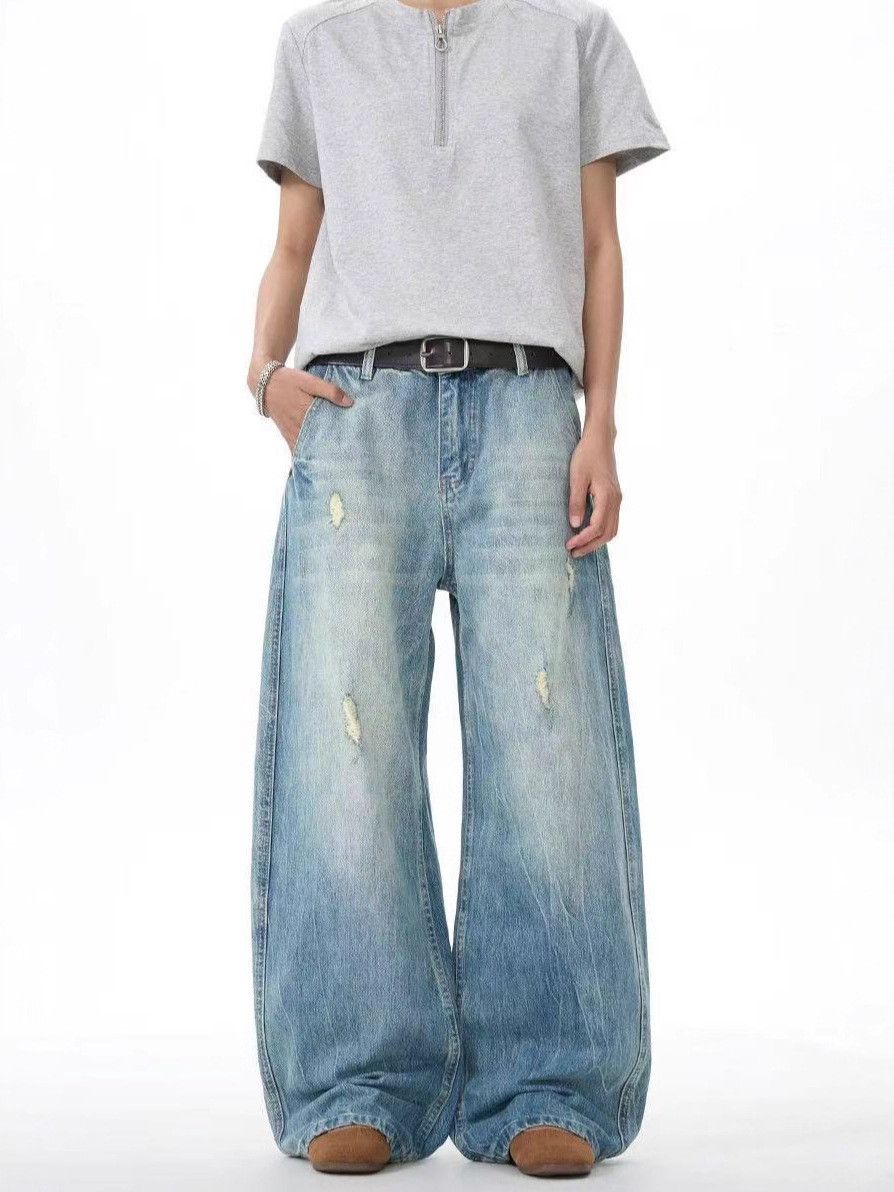 American men's loose wide-leg vintage ripped washed jeans