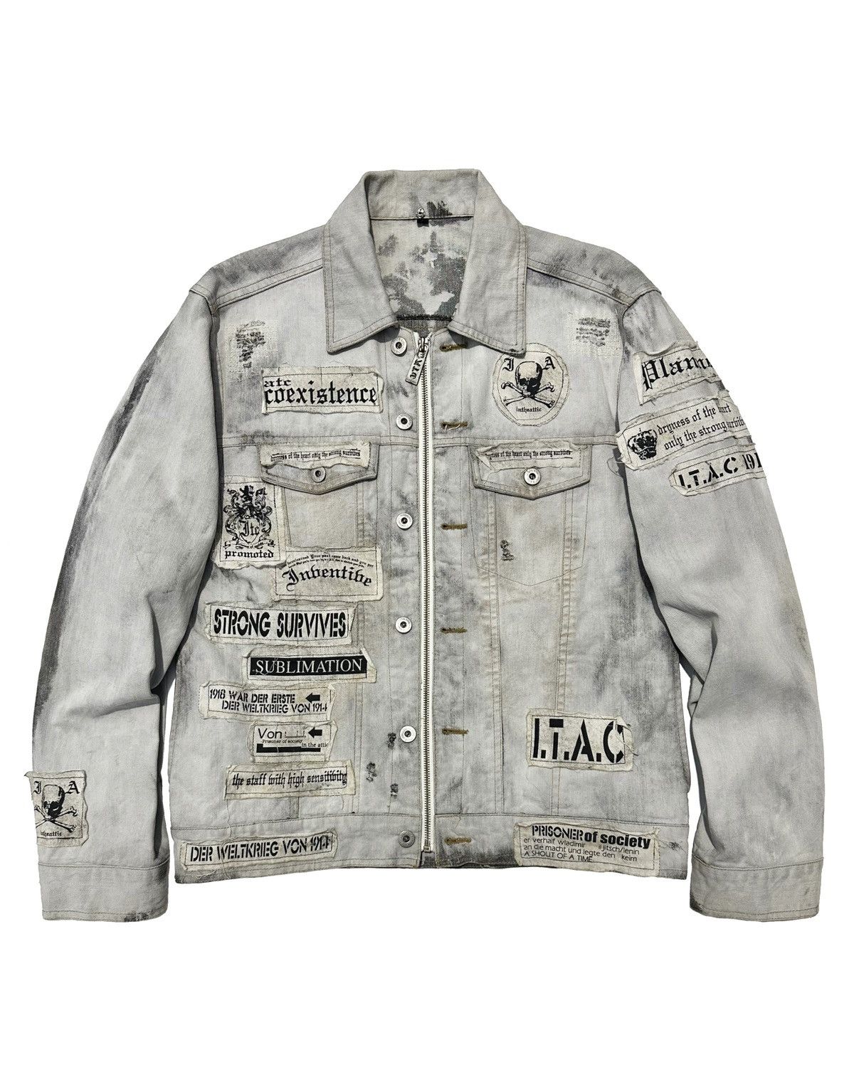 image of 14Th Addiction x In The Attic Patches Distressed Acid Wash Denim Jacket in Acid Grey (Size Large)