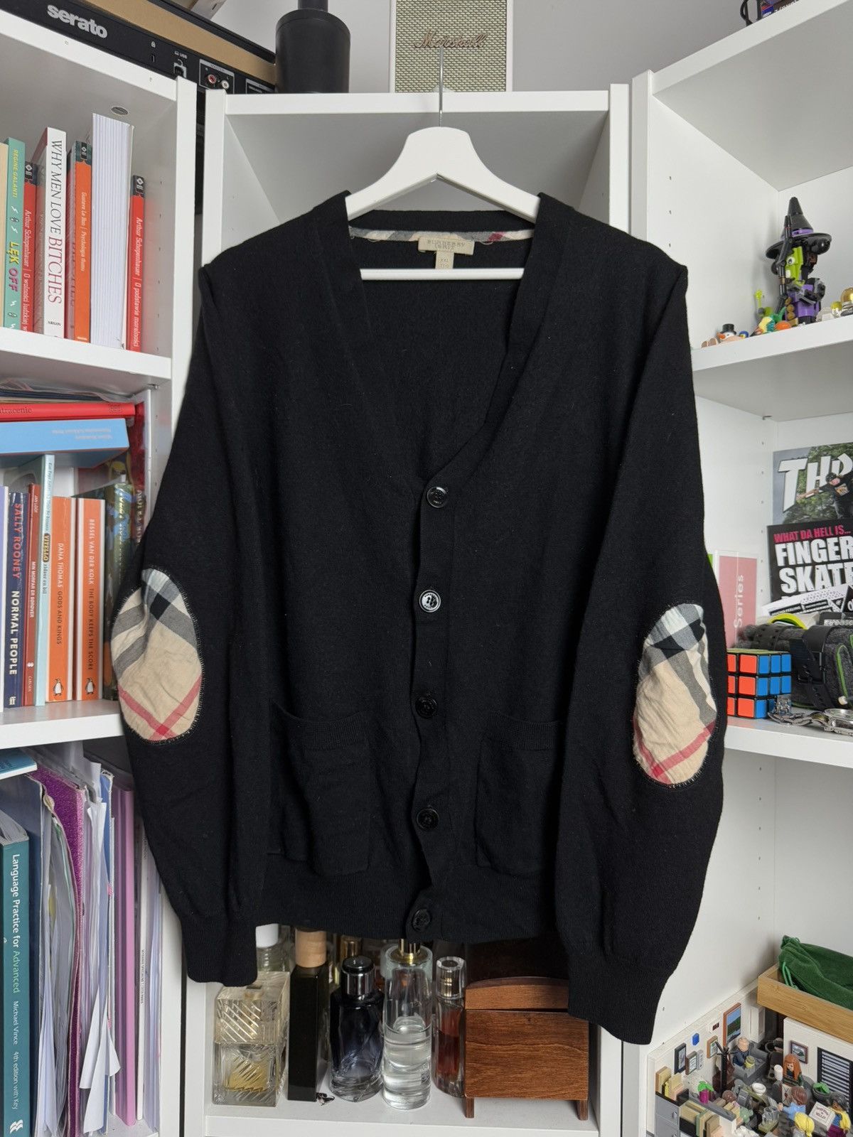 Burberry × Designer Burberry black merino wool nova check patch cardigan sweater Size XXL / US 16-18 / IT 52-54 - 1 Thumbnail
