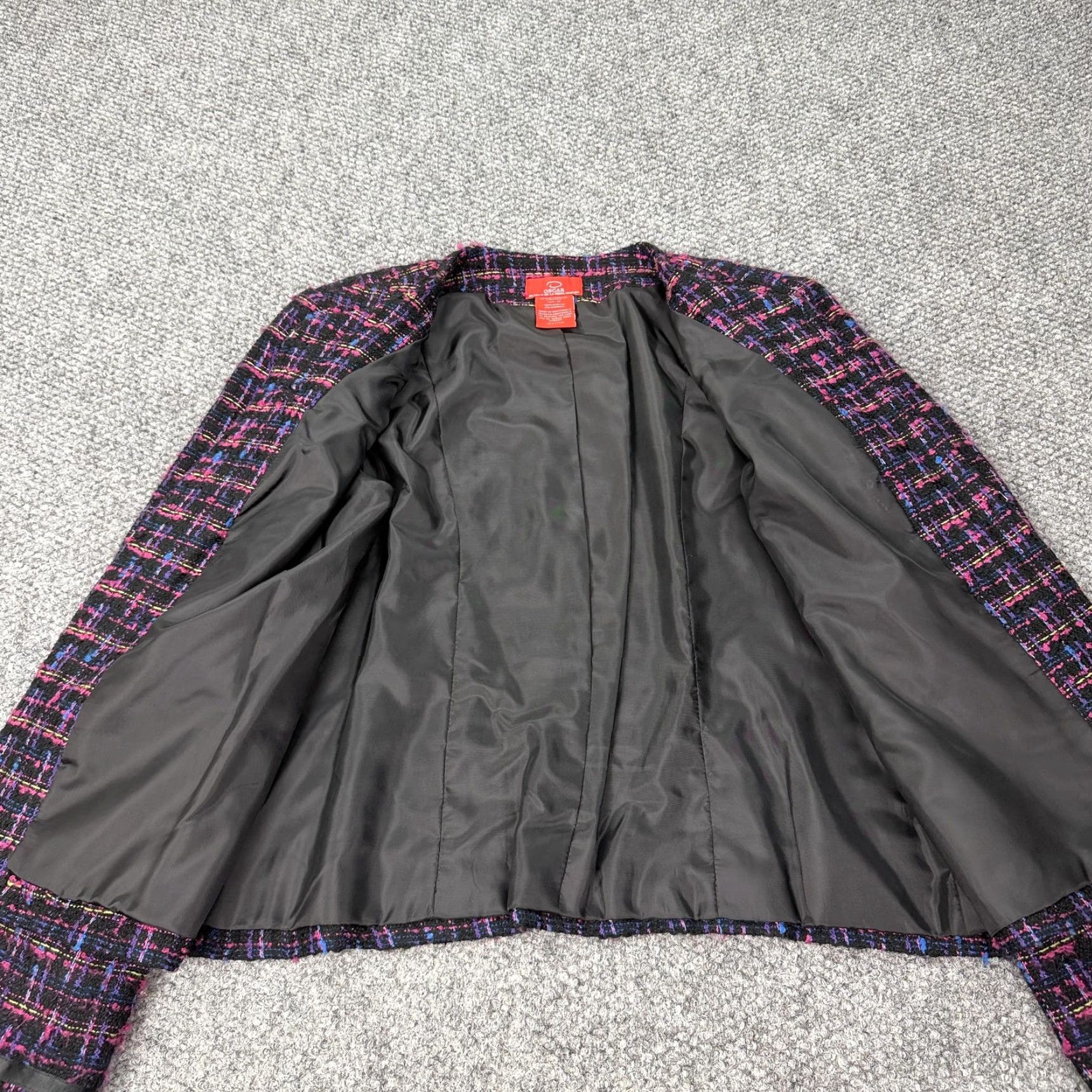 Vintage VINTAGE Oscar de la Renta Tweed Jacket Womens 10 Black Boucle Satin Trim Plaid 90s (Business, Casual) Womens Size L / US 10 / IT 46 - 6 Thumbnail