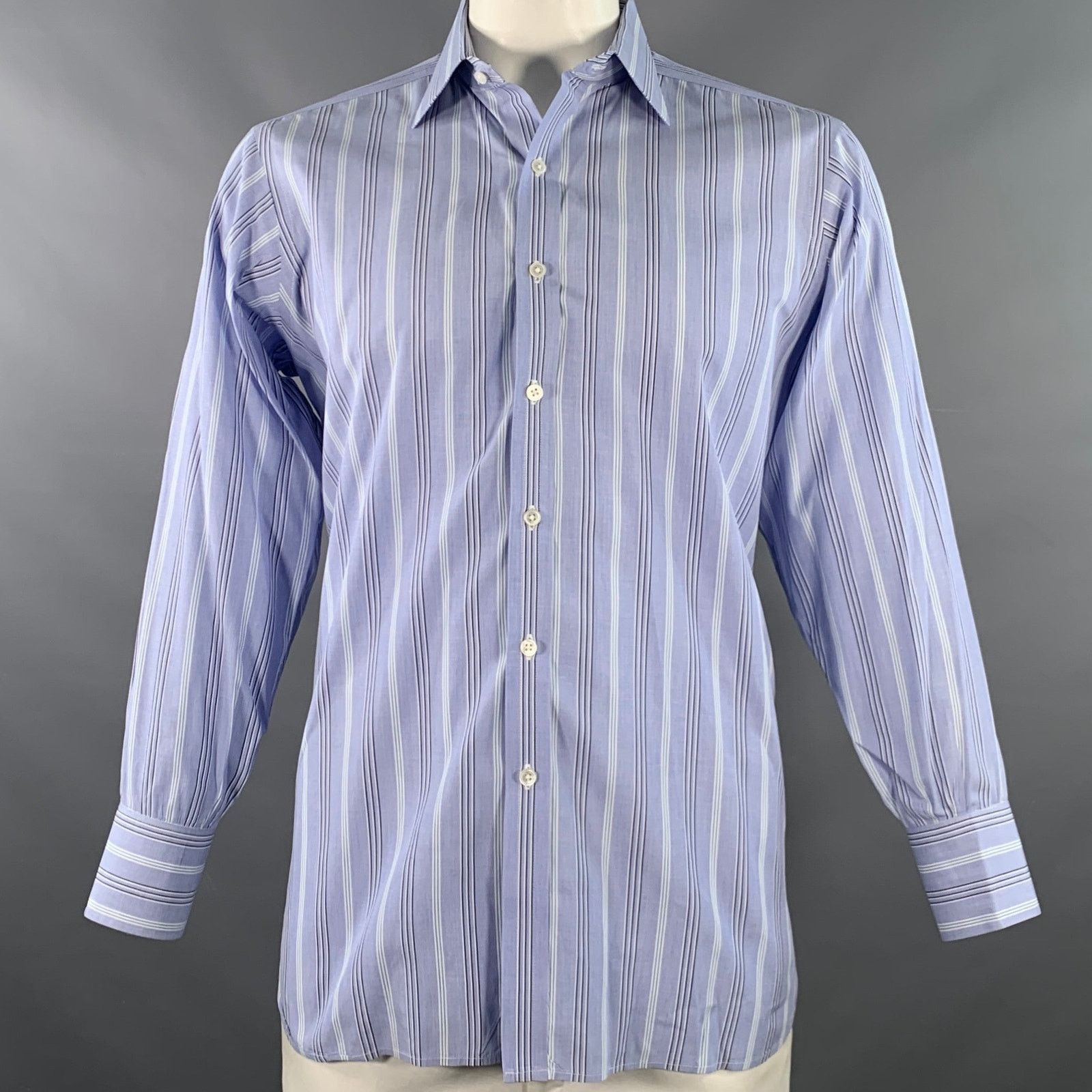 Turnbull & Asser Size L Blue Navy White Stripe Cotton Long Sleeve Shirt Size US L / EU 52-54 / 3 - 1 Thumbnail