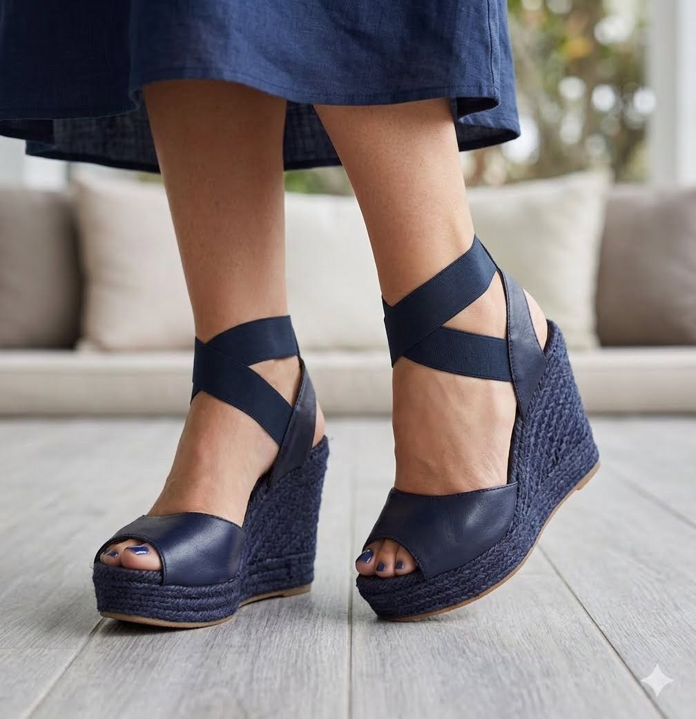 Emporio Armani Emporio Armani 🇪🇸 Navy Leather Espadrille Wedge Sandals 9.5 Size US 9.5 / IT 39.5 - 4 Thumbnail