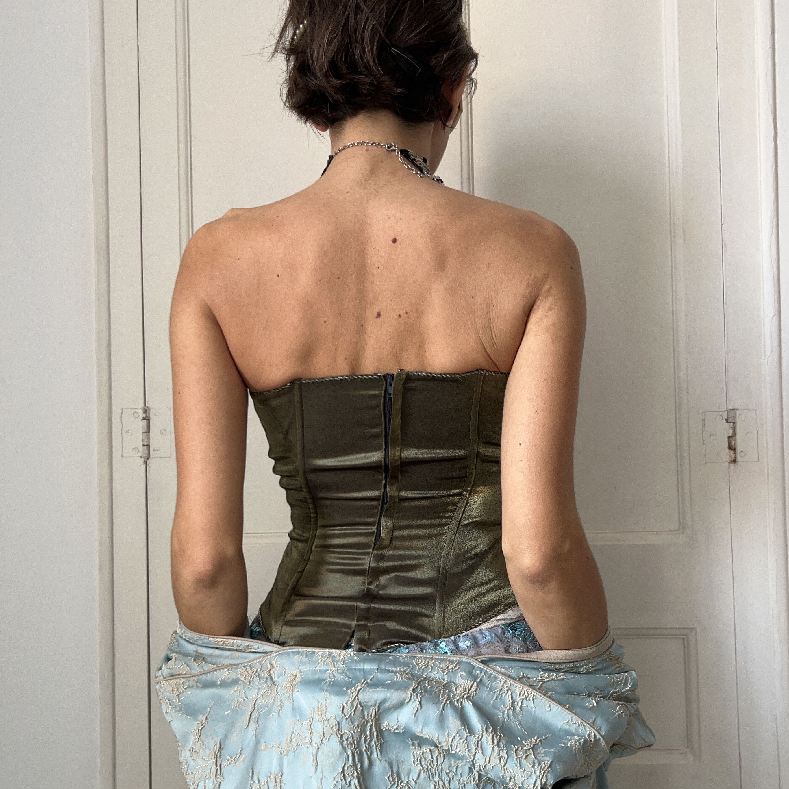 Handmade Vintage 90s satin green beaded embroidered corset top Size S / US 4 / IT 40 - 2 Thumbnail