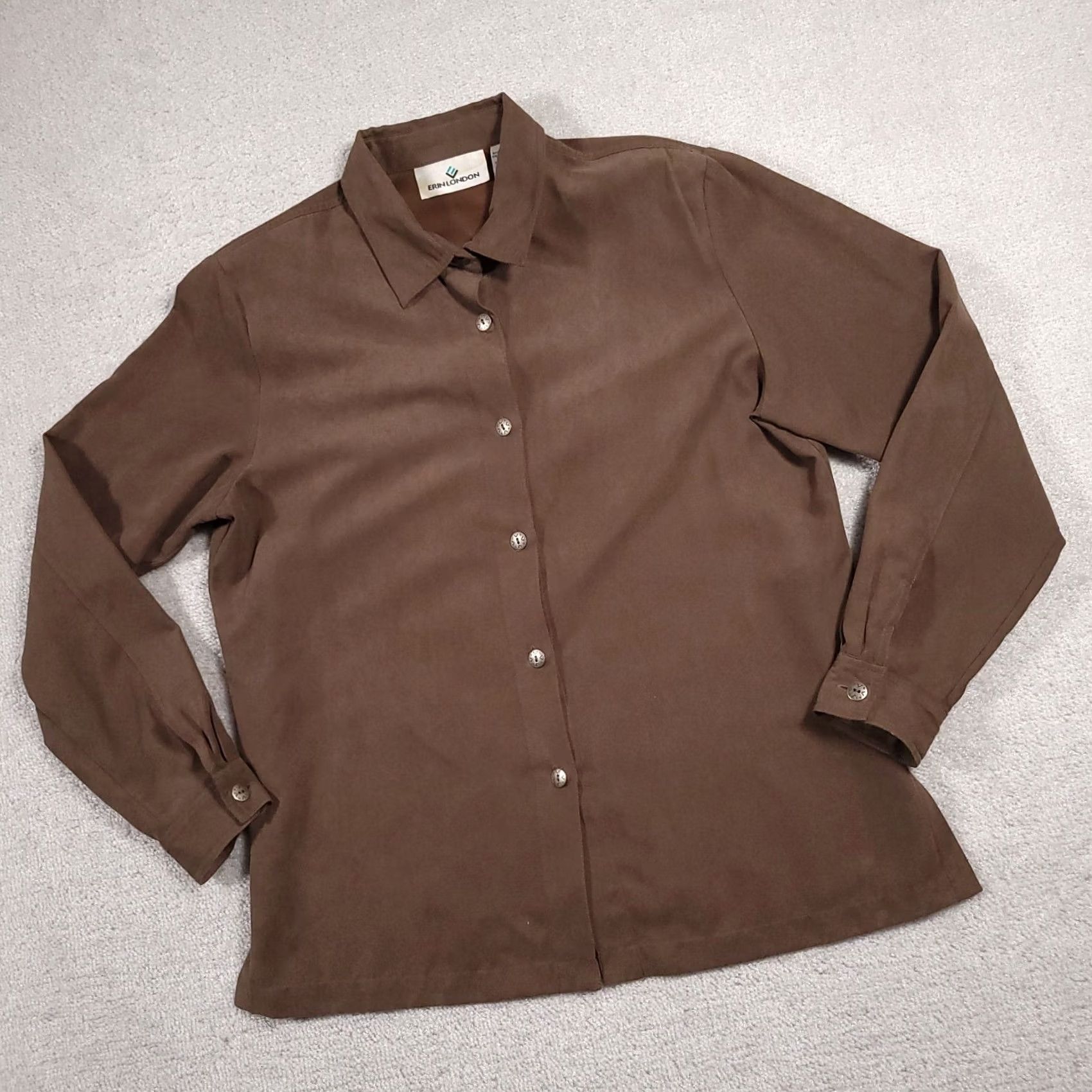 Vintage VINTAGE Erin London Button Front Shirt Women's Medium Brown Suede L/S Shoulder Pads 80s 90s, Regular, Polyester, Brown, Shirt, Womens, 2XL Size XXL / US 16-18 / IT 52-54 - 2 Thumbnail