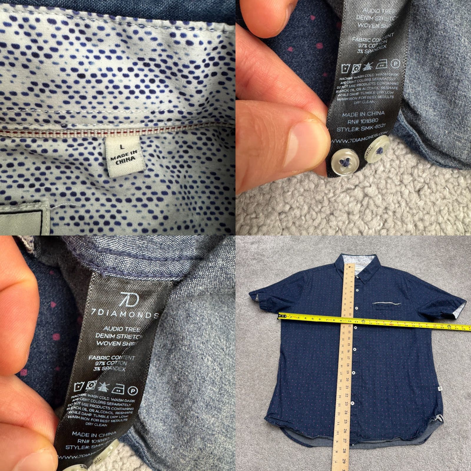Vintage 7 Diamonds Button-Up Shirt Mens Large Blue Denim Polka Dot Cotton Casual Short Sleeve Stylish Classic Preppy Shirt Size US L / EU 52-54 / 3 - 8 Thumbnail