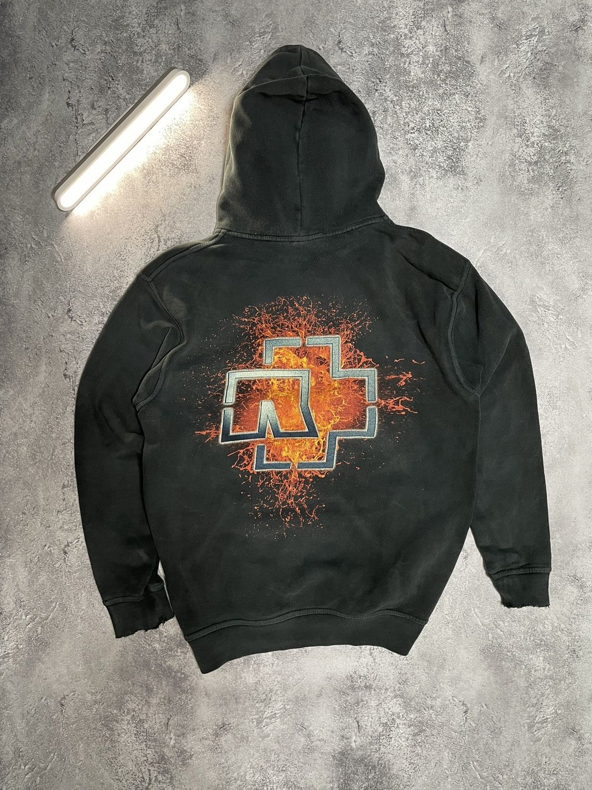 image of Band Tees x Vintage Rammstein Vintage Boxy Washed Black Hoodie Distressed Metal, Men's (Size Medium