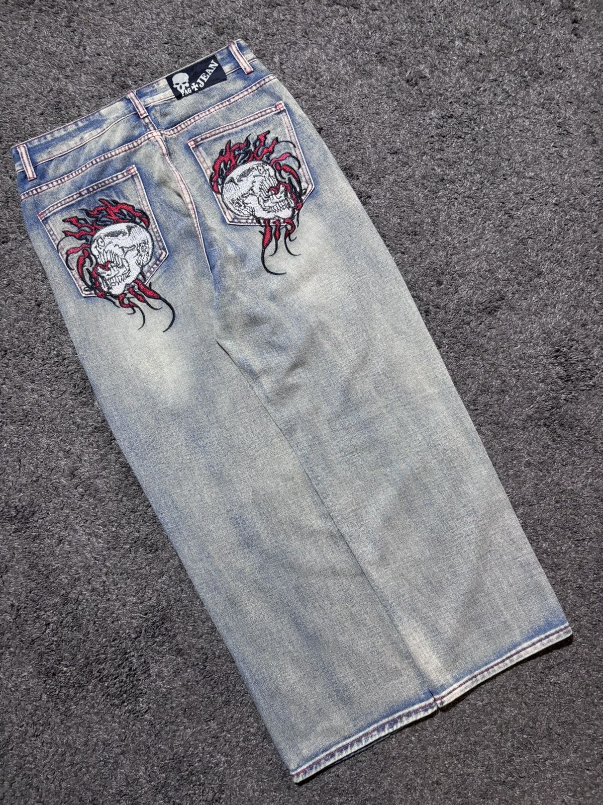 JNCO Vintage rare fire skulls embroidered gray blue baggy jeans Size US 33 - 5 Thumbnail