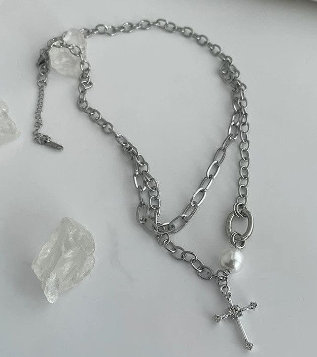 Japanese Brand × Jewelry Fashion punk pearl cross chain layered choker necklace Size ONE SIZE - 3 Thumbnail