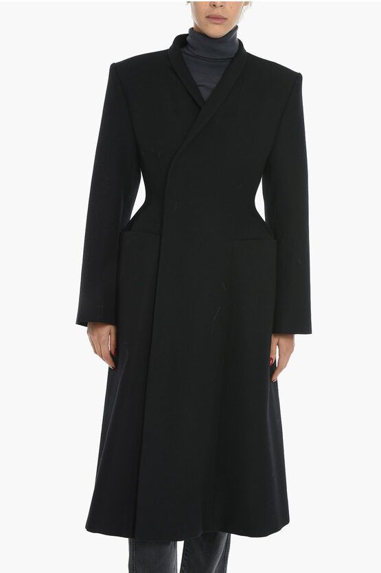 image of Balenciaga Hourglass Wool Double Breasted Coat in Black, Women's (Size Medium)