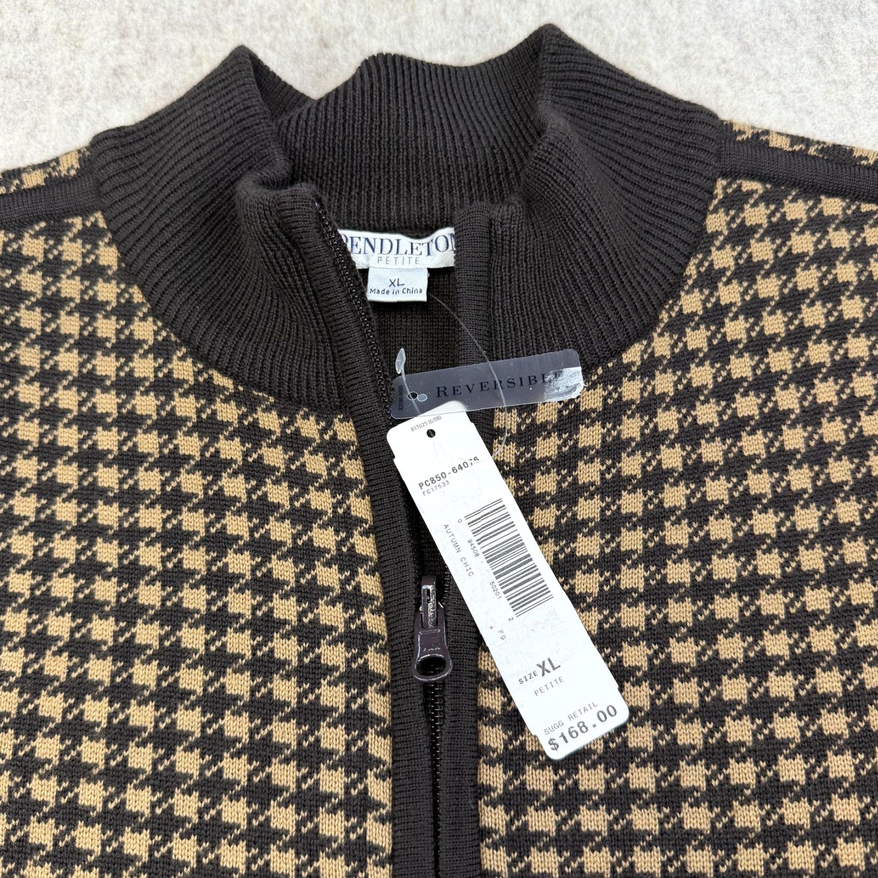 Pendleton Pendleton Sweater Womens XL Petite Brown Black Houndstooth Merino Wool Zip Mock Neck Full Zip Reversible Knitting Knit Wool Blend Nylon Size XL / US 12-14 / IT 48-50 - 5 Thumbnail