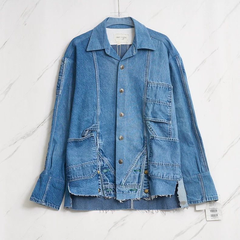 Greg Lauren Men's Fringed Patchwork Washed Denim Jacket