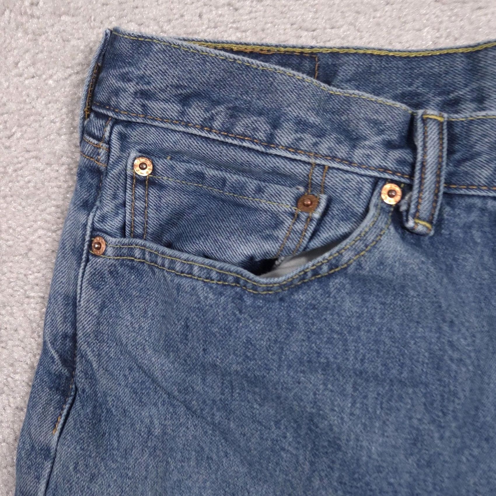 Levi's Levi's 505 Jeans Mens 34x30 Blue Denim Straight Leg Cropped Raw Hem Distressed Cotton Regular Inseam 30in Zip Button Pockets Vintage No Mens Jeans Size US 34 / EU 50 - 4 Thumbnail