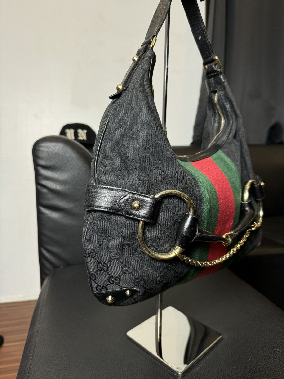Gucci Gucci Black GG Canvas and Leather Horsebit Web Hobo Size ONE SIZE - 3 Thumbnail